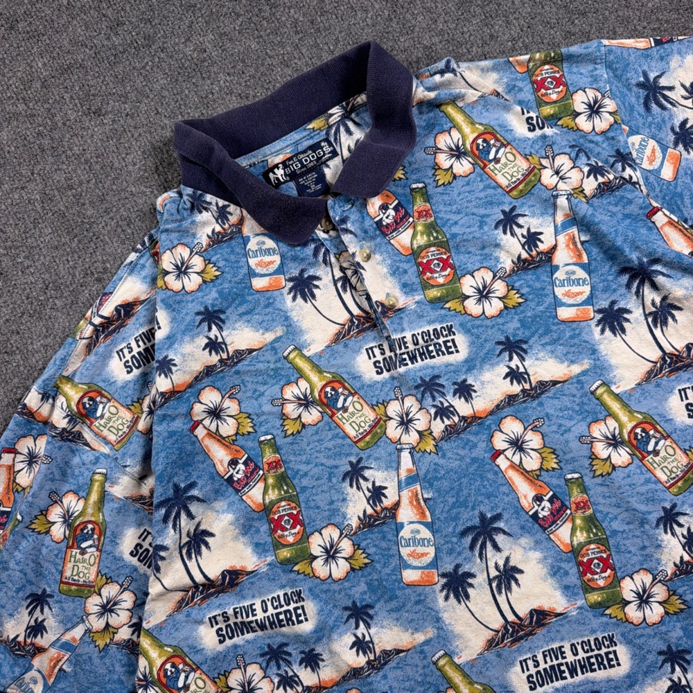 Vintage Big Dogs Polo Shirt Mens 3X Blue Its Five Beer Tropical All Over Print